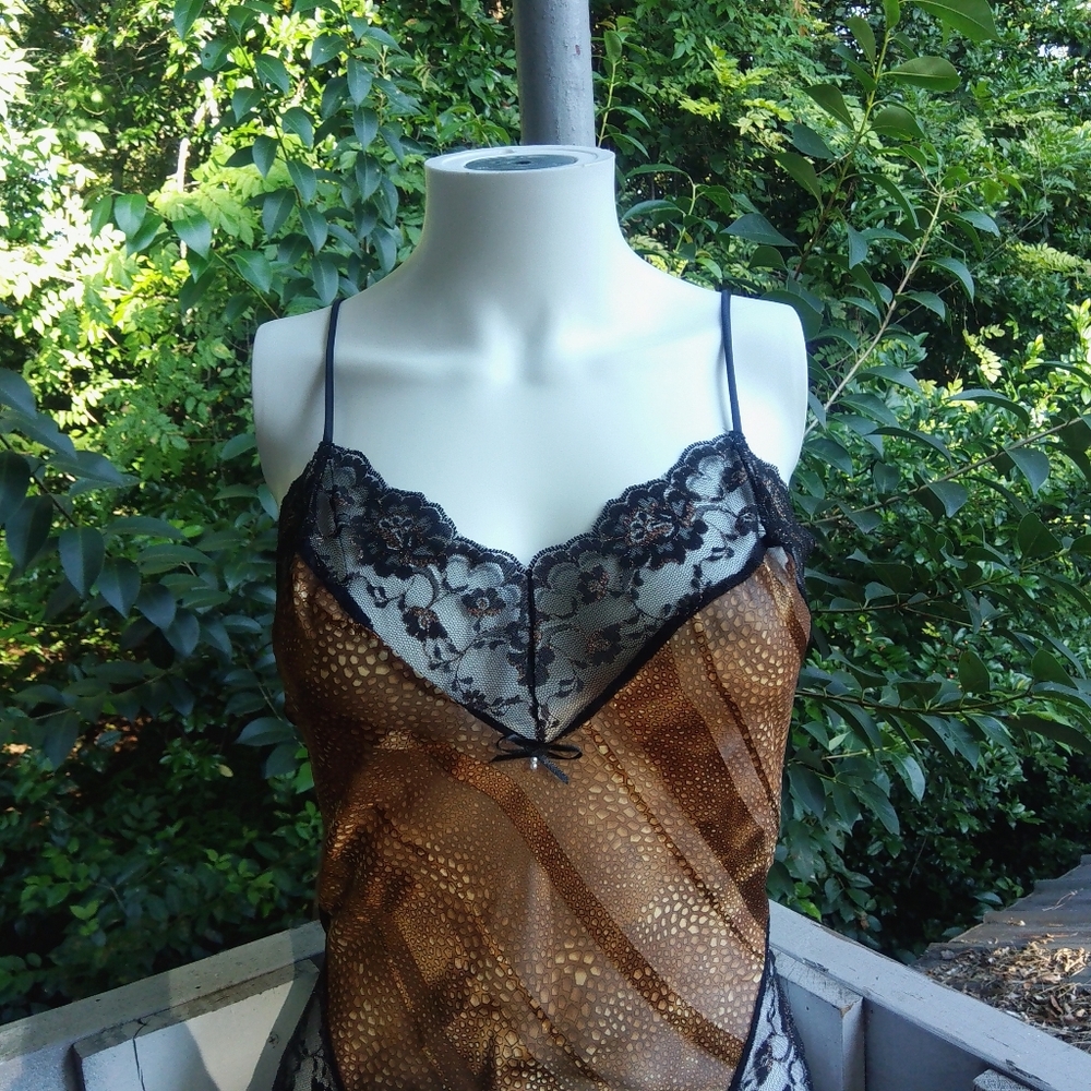 Shirley of Hollywood Vintage 80s 90s Gold Black Lace Sheer Mesh Teddy Lingerie - Picture 5 of 14